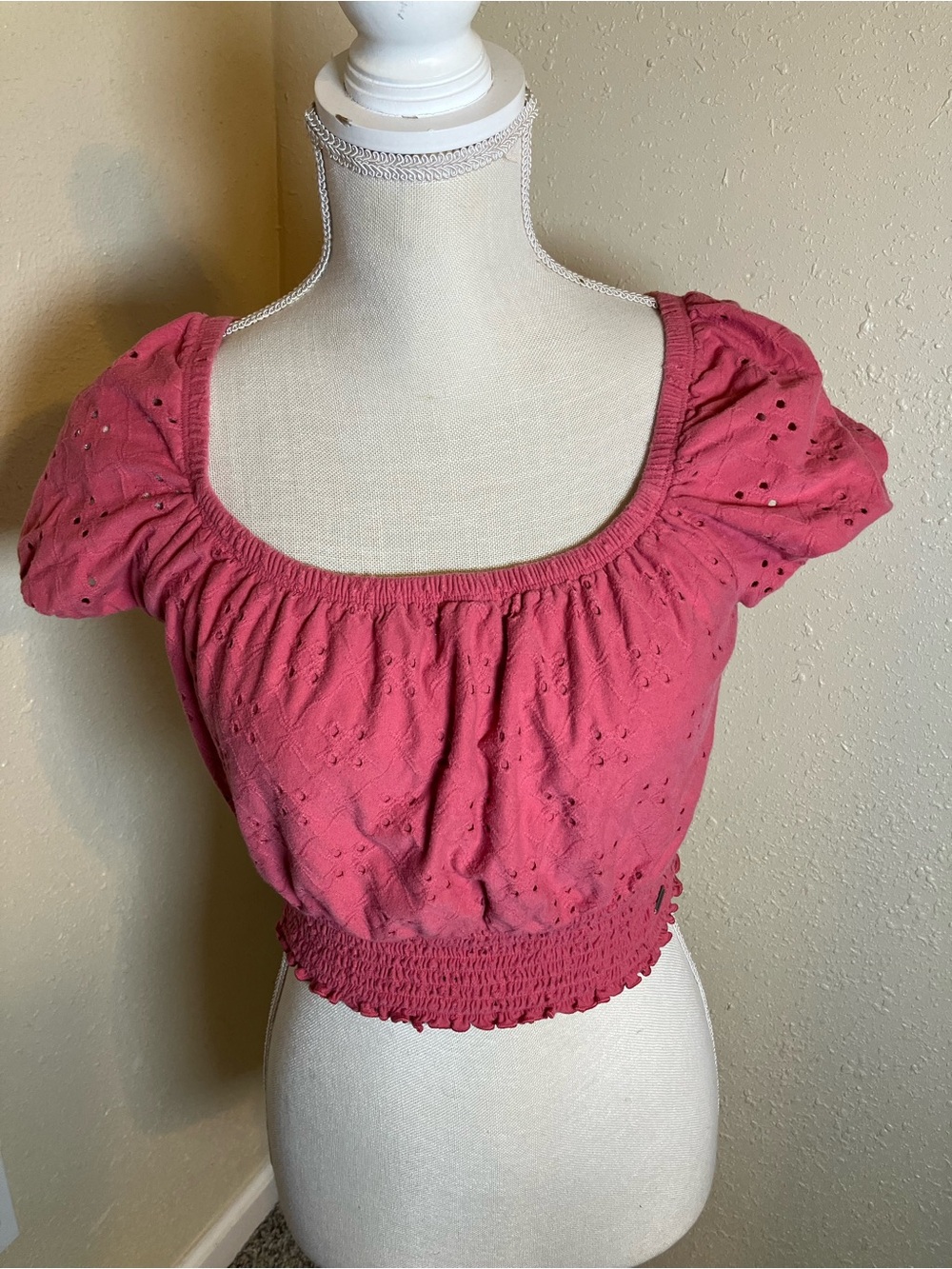 Hollister Rose Pink Smocked Eyelet Crop Top- Medium